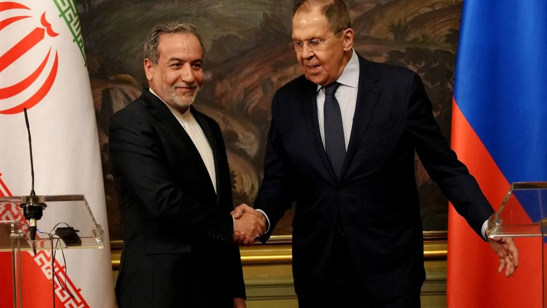 April 18, 2025, Moscow, Russia: Iranian Foreign Minister ABBAS ARAGHCHI (L) and Russian Foreign Minister SERGEY LAVROV (R) hold a joint press conference after their meeting in Moscow. Abbas Araghchi is currently on a two-day business trip to Moscow. Europa Press/Contacto/Iranian Foreign Ministry 18/04/2025 ONLY FOR USE IN SPAIN