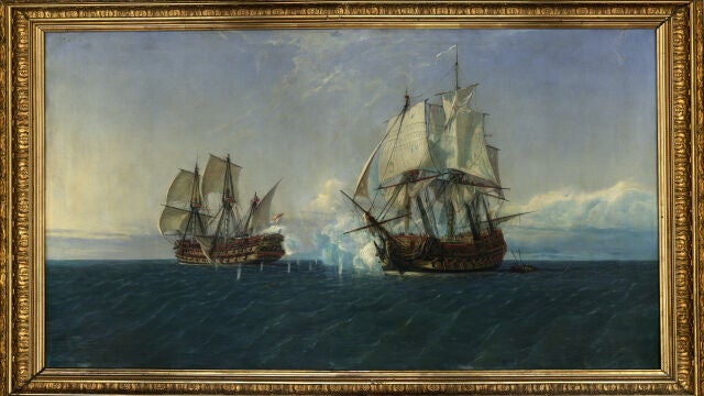 'Combate naval entre el navío Catalán al mando de Serrano y el Mary al mando de Vernon (1719)' (1888), óleo sobre lienzo de Rafael Monleón y Torres (1843-1900)
