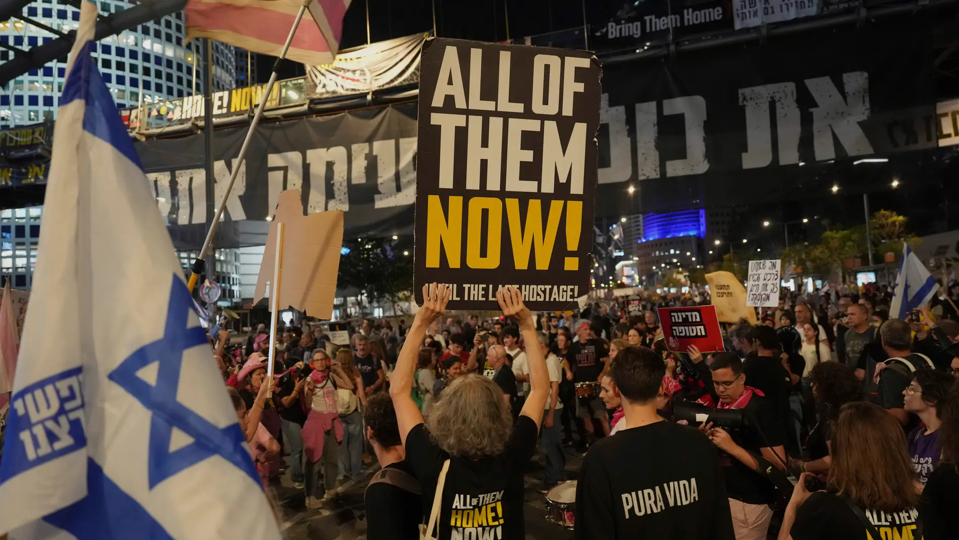 People take part in a protest demanding the immediate release of hostages held by Hamas in the Gaza Strip, in Tel Aviv, Israel, on Saturday, April 19, 2025. (AP Photo/Ariel Schalit)