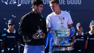 Barcelona Open Banc Sabadell - Conde Godo 2025 Day 7 Final Holger Rune of Denmark and Carlos Alcaraz of Spain hold up their trophies after the Final of the Barcelona Open Banc Sabadell - Conde Godo 2025 Day 7 tennis final at the Real Club De Tenis Barcelona on April 20, 2025 in Barcelona, Spain. AFP7 20/04/2025 ONLY FOR USE IN SPAIN