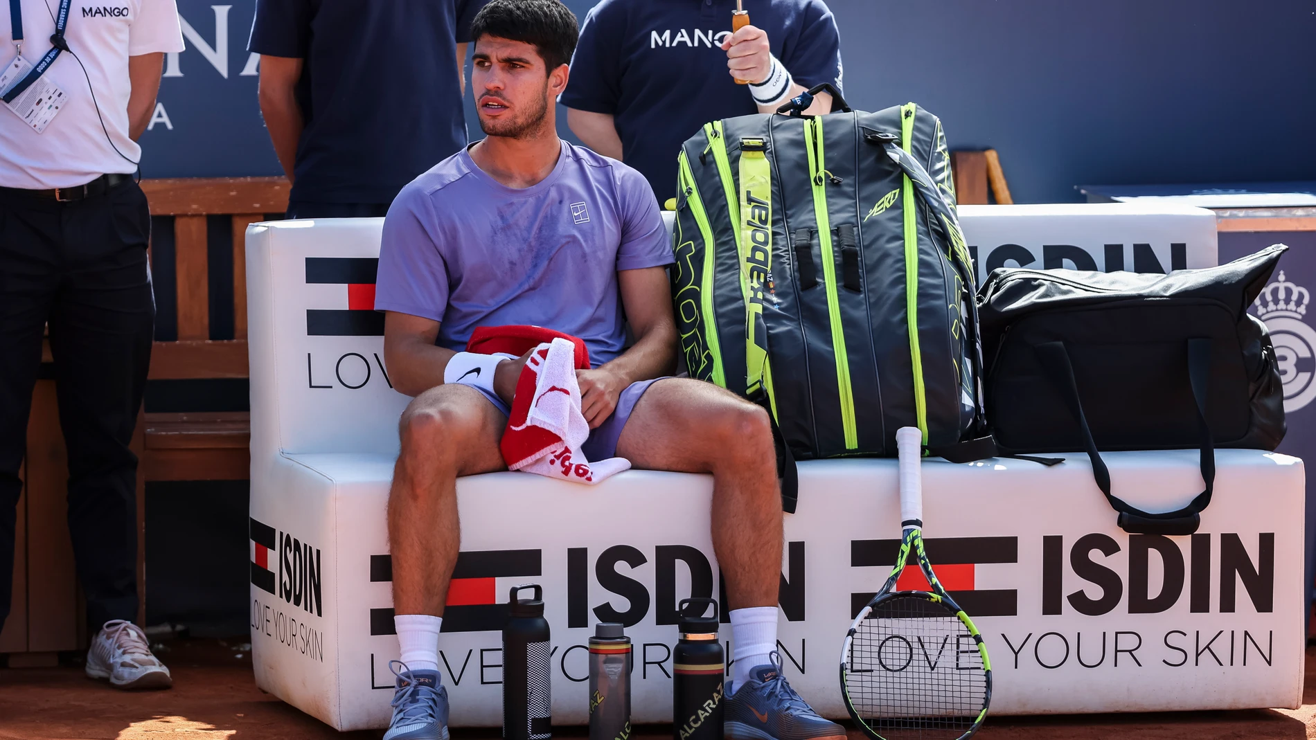 Carlos Alcaraz of Spain in actions against Holger Rune of Denmark during the final tennis match of the Barcelona Open Banc Sabadell - Conde Godo 2025 Day 7 at Real Club De Tenis Barcelona on April 20, 2025 in Barcelona, Spain. AFP7 20/04/2025 ONLY FOR USE IN SPAIN