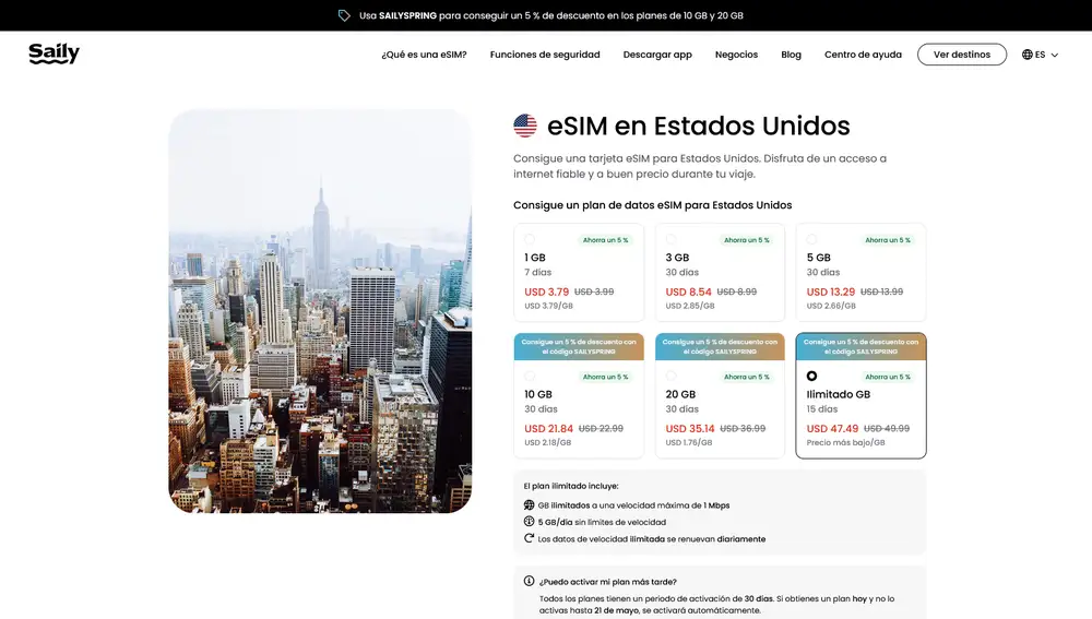 Tener datos en Estados Unidos es barato con Saily