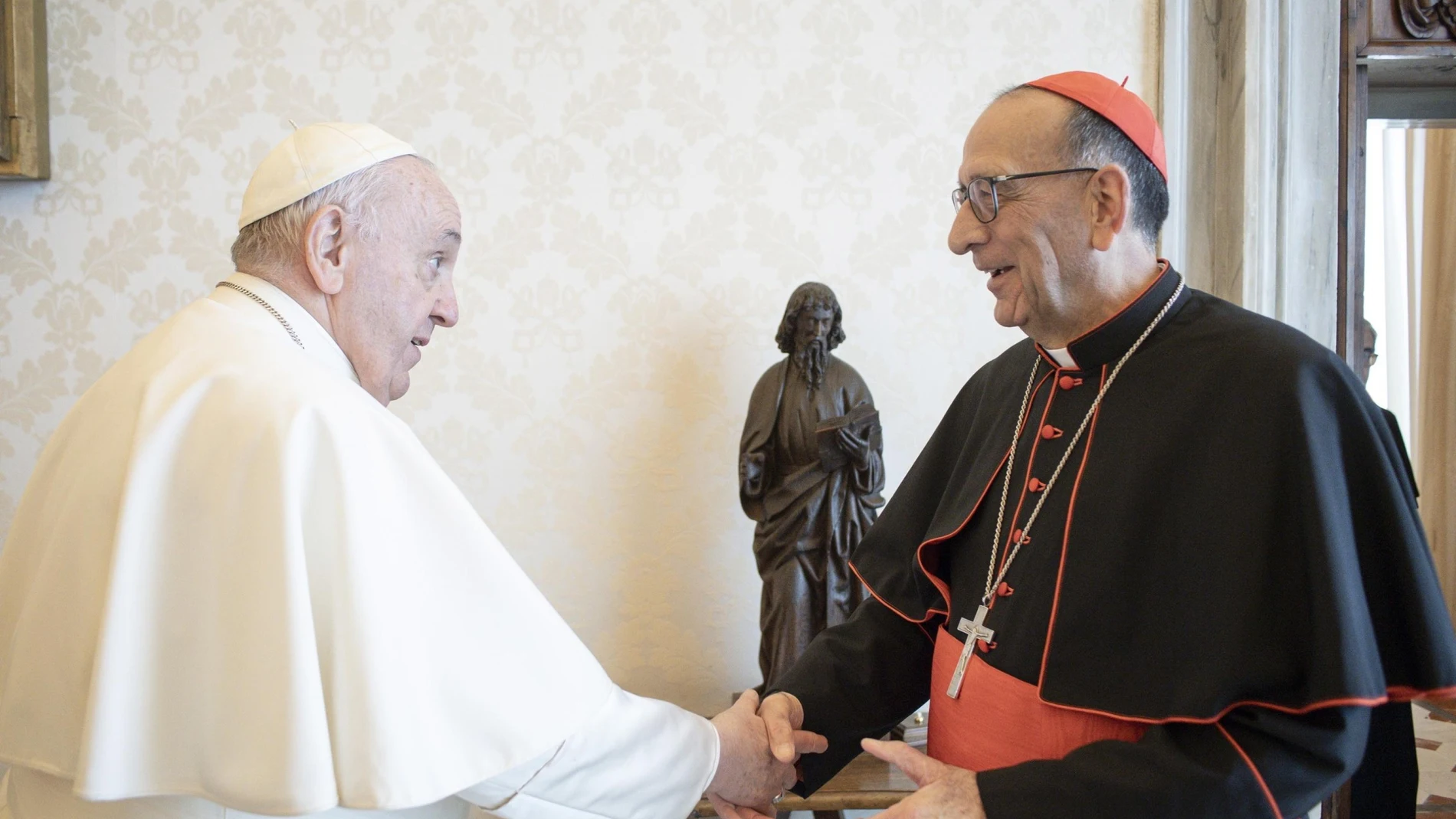 A handout picture provided by the Vatican Media shows Pope Francis giving audience to the President of the Spanish Episcopal Conference Cardinal Juan Jose Omella, Vatican City, 07 April 2022.
