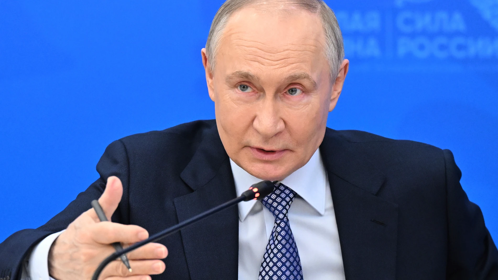 Russian President Vladimir Putin speaks to heads of municipalities in the constituent entities of Russia at the All-Russian Municipal Forum in the Russia National Center in Moscow, Russia, Monday, April 21, 2025. (Stanislav Krasilnikov, Sputnik, Kremlin Pool Photo via AP)