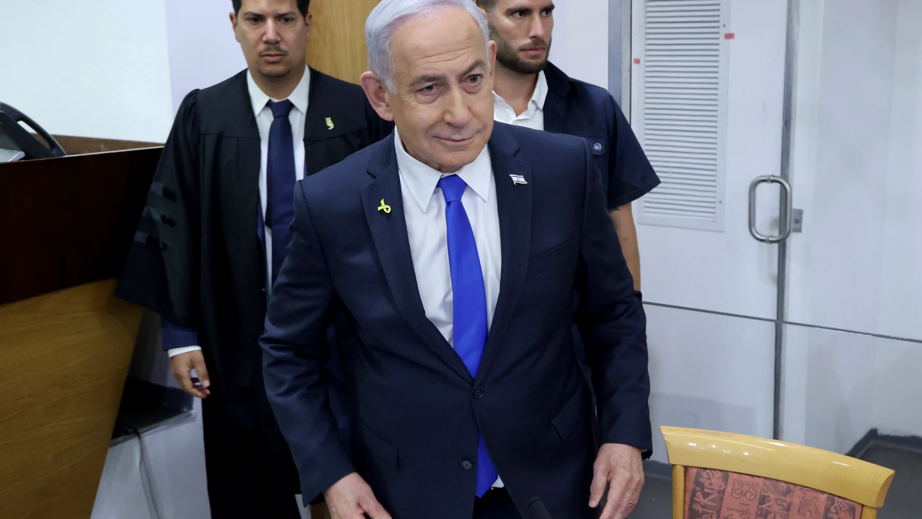 Israeli Prime Minister Benjamin Netanyahu attends his trial on corruption charges at the district court in Tel Aviv, Israel, Monday, April 21, 2025. (Moti Kimchi/Pool Photo via AP)