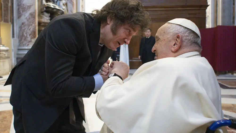 A handout picture provided by the Vatican Media shows Pope Francis meets Argentina's President Javier Milei in St. Peter's Basilica prior to the Mass for Canonization of Maria Antonia of Saint Joseph de Paz y Figueroa, Vatican City, 11 February 2024.