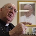 Cardinal Camerlengo Kevin Farrell talks during an interview with The Associated Press in his office in Rome, Tuesday, July 31, 2018. 