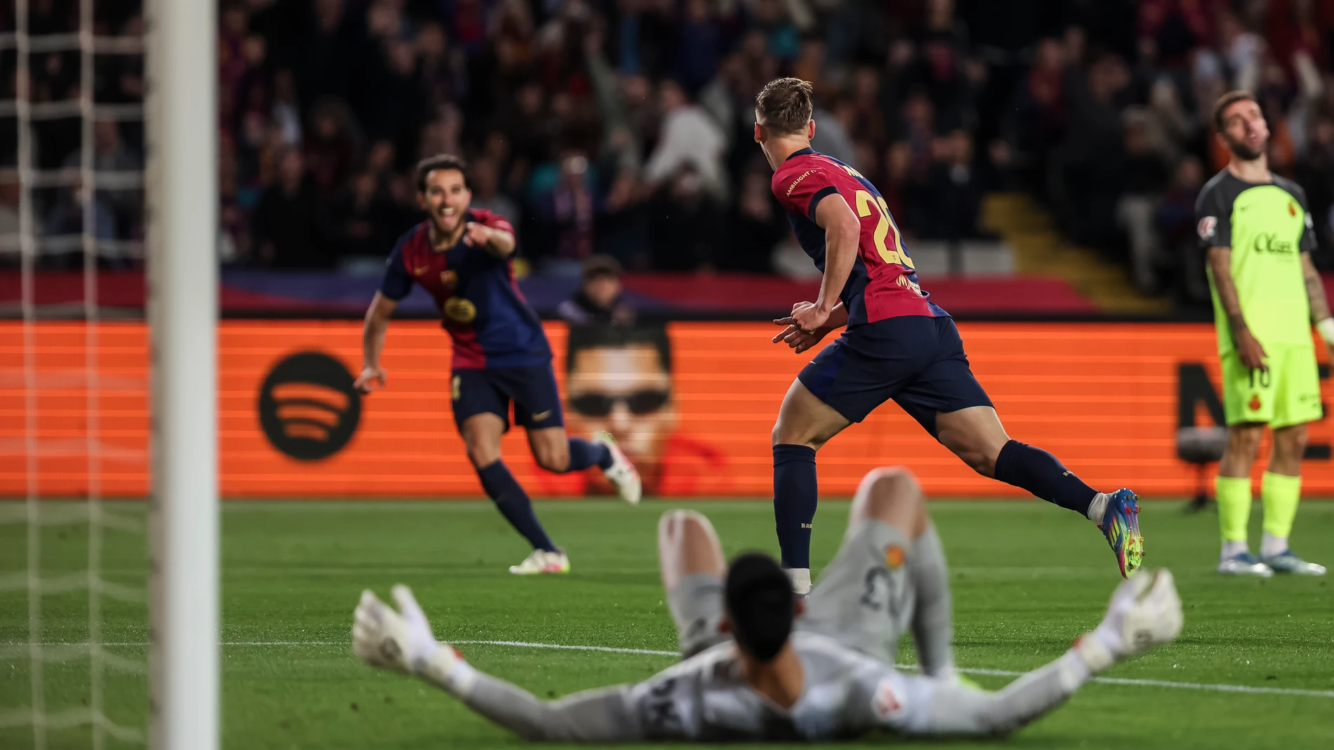 Dani Olmo of FC Barcelona celebrates a goal during the Spanish league, La Liga EA Sports, football match played between FC Barcelona and RCD Mallorca at Estadi Olimpic Lluis Companys on April 22, 2025 in Barcelona, Spain. AFP7 22/04/2025 ONLY FOR USE IN SPAIN