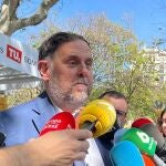 El presidente de ERC, Oriol Junqueras, en una atención a los medios en Barcelona