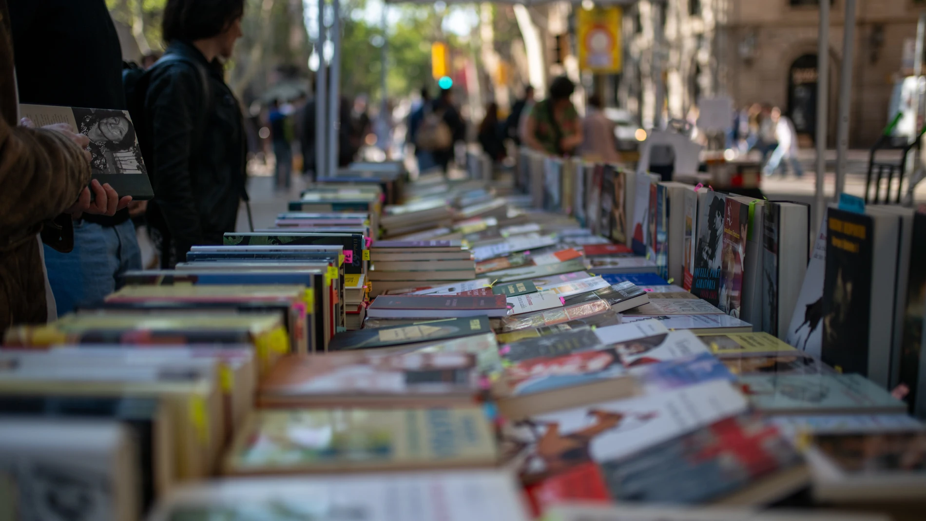 Puestos de libros, durante la Diada de Sant Jordi 2025, a 23 de abril de 2025, en Barcelona, Cataluña (España). Barcelona vuelve a vivir una nueva Diada de Sant Jordi, en la que se llena de libros y rosas, en una edición en la que crece el número de paradas profesionales de libros y superficie para buscar una mayor comodidad, hasta los 3.500 metros cuadrados en diez espacios de siete distritos de la ciudad. Este año, hay más paradas que el año anterior en las zonas profesionales, con 400 para...