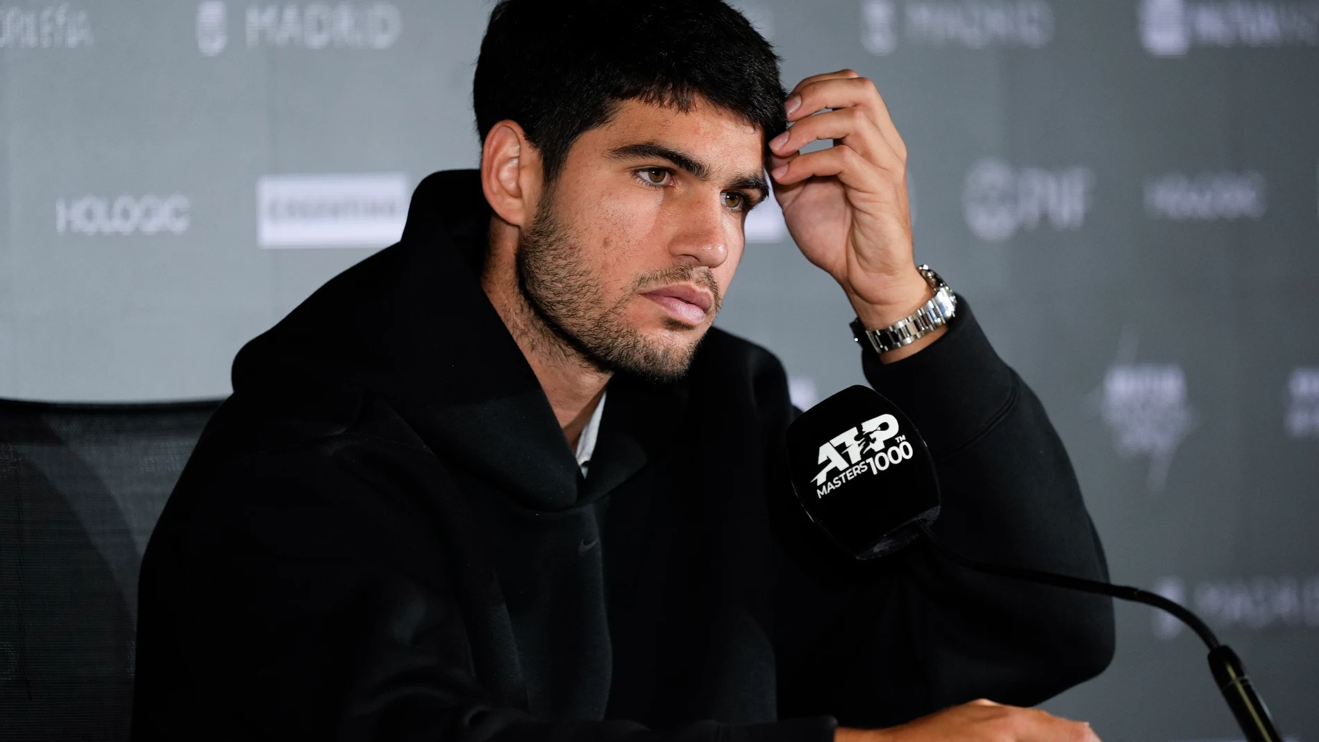 Carlos Alcaraz of Spain attends his press conference during the Mutua Madrid Open 2025, ATP Masters 1000 and WTA 1000 tennis tournament, celebrated at Caja Magica on April 24, 2025 in Madrid, Spain. AFP7 24/04/2025 ONLY FOR USE IN SPAIN