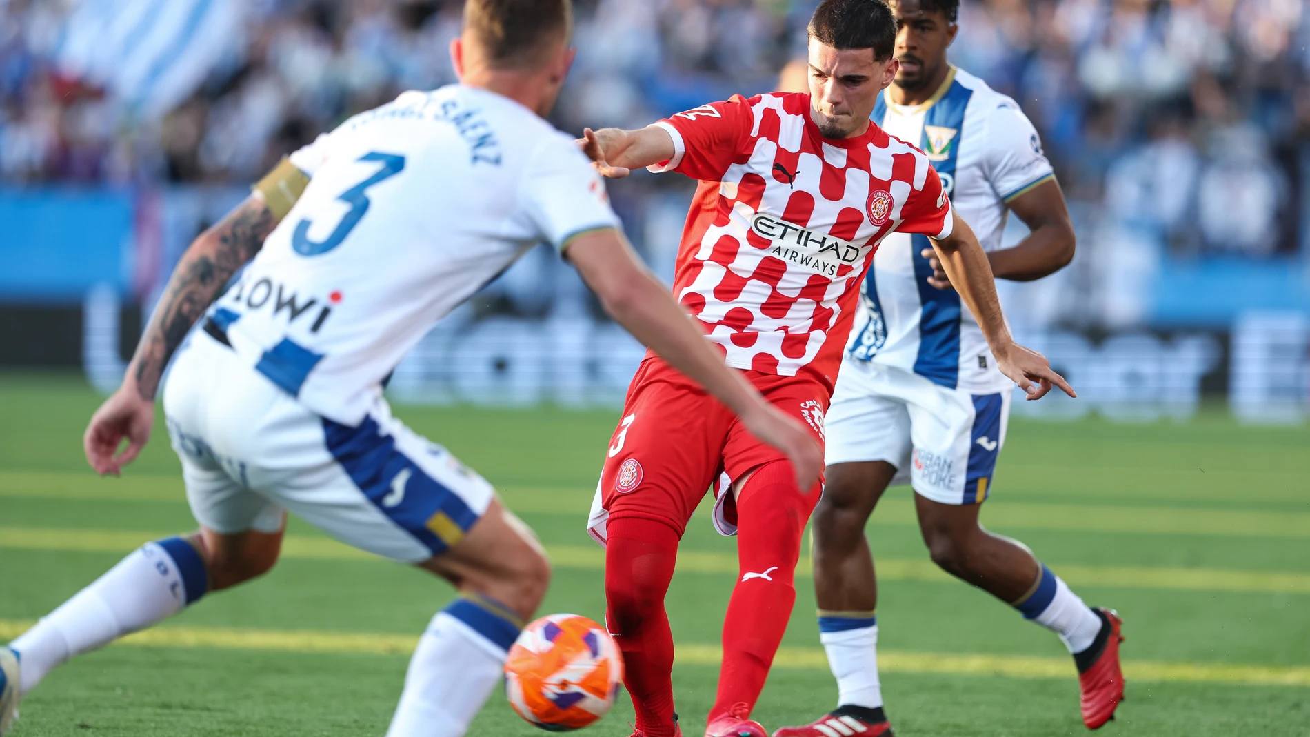 Miguel Gutierrez of Girona FC in action during the Spanish league, LaLiga EA Sports, football match played between CD Leganes and Girona FC at Butarque stadium on Apri 24, 2025, in Leganes, Spain. AFP7 24/04/2025 ONLY FOR USE IN SPAIN