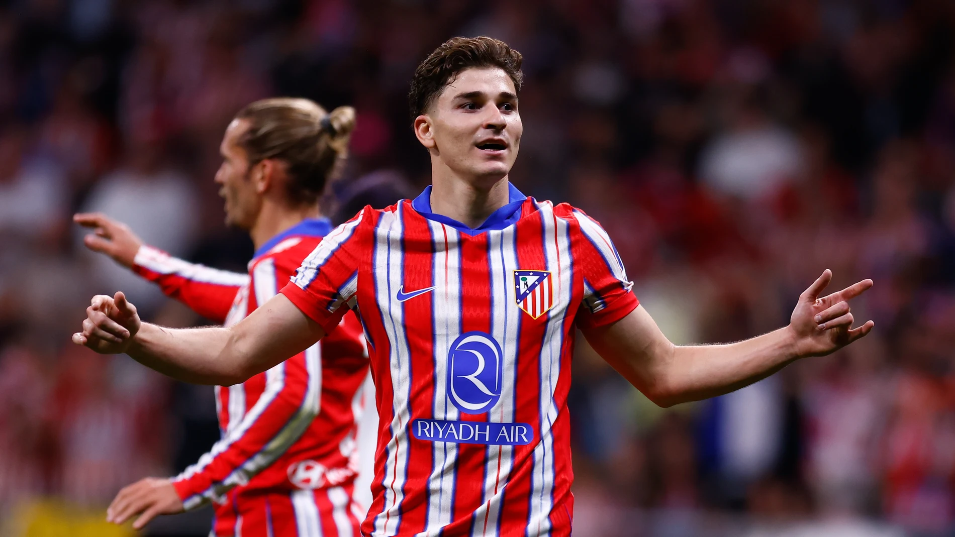 Julian Alvarez of Atletico de Madrid celebrates a goal during the Spanish League, LaLiga EA Sports, football match played between Atletico de Madrid and Rayo Vallecano at Riyadh Air Metropolitano stadium on April 24, 2025, in Madrid, Spain. AFP7 24/04/2025 ONLY FOR USE IN SPAIN