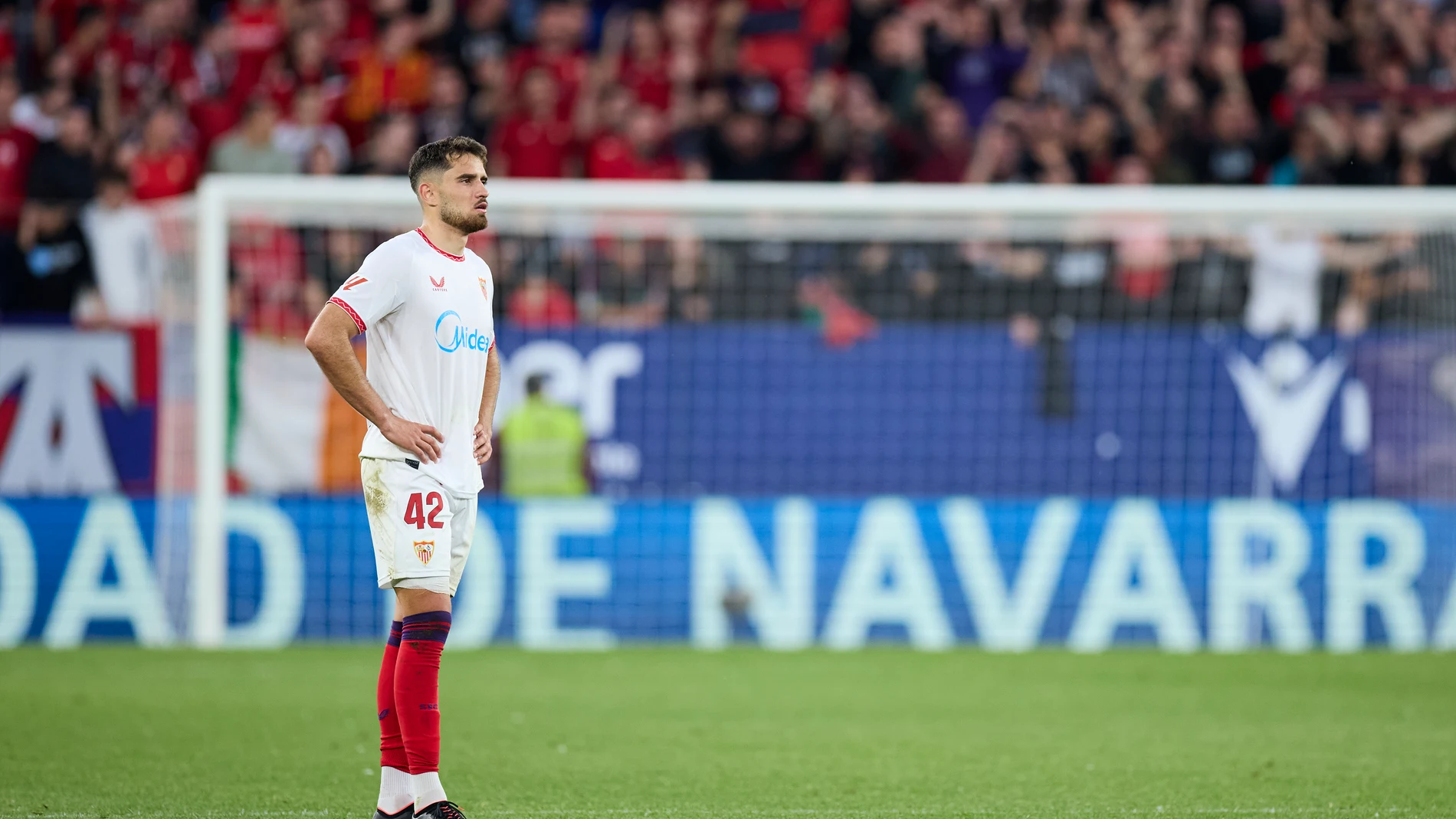 Alvaro Miguel Garcia Pascual of Sevilla FC reacts during the LaLiga EA Sports match between CA Osasuna and Sevilla FC at El Sadar on April 24, 2025, in Pamplona, Spain. AFP7 24/04/2025 ONLY FOR USE IN SPAIN