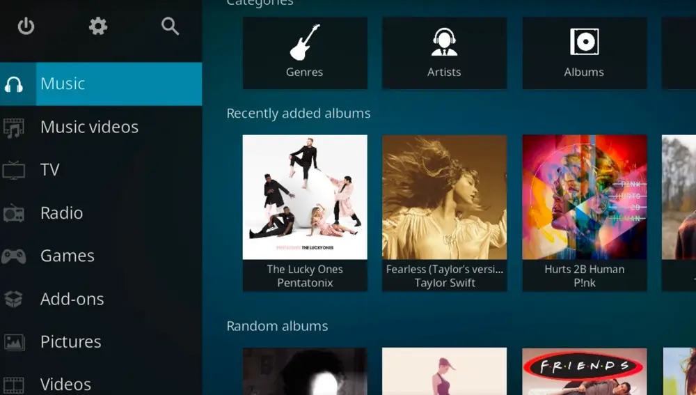 La biblioteca de Kodi muestra todas las categorías disponibles