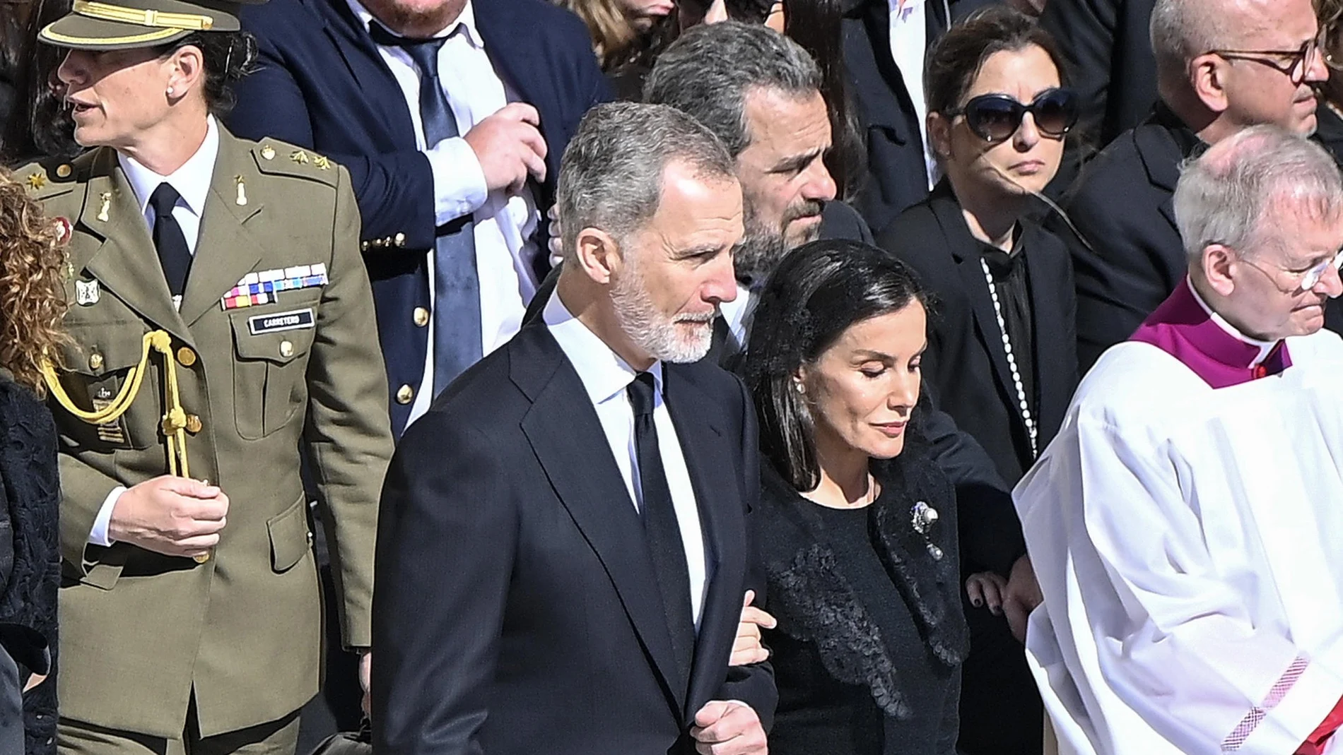 Spain's King Philip VI and Queen Letizia attend the funeral Mass of Pope Francis in Saint Peter's Square in Vatican City, 26 April 2025.