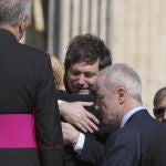 Argentina's President Javier Milei, hugs his sister Karina during the funeral of Pope Francis in St. Peter's Square at the Vatican, Saturday, April 26, 2025.