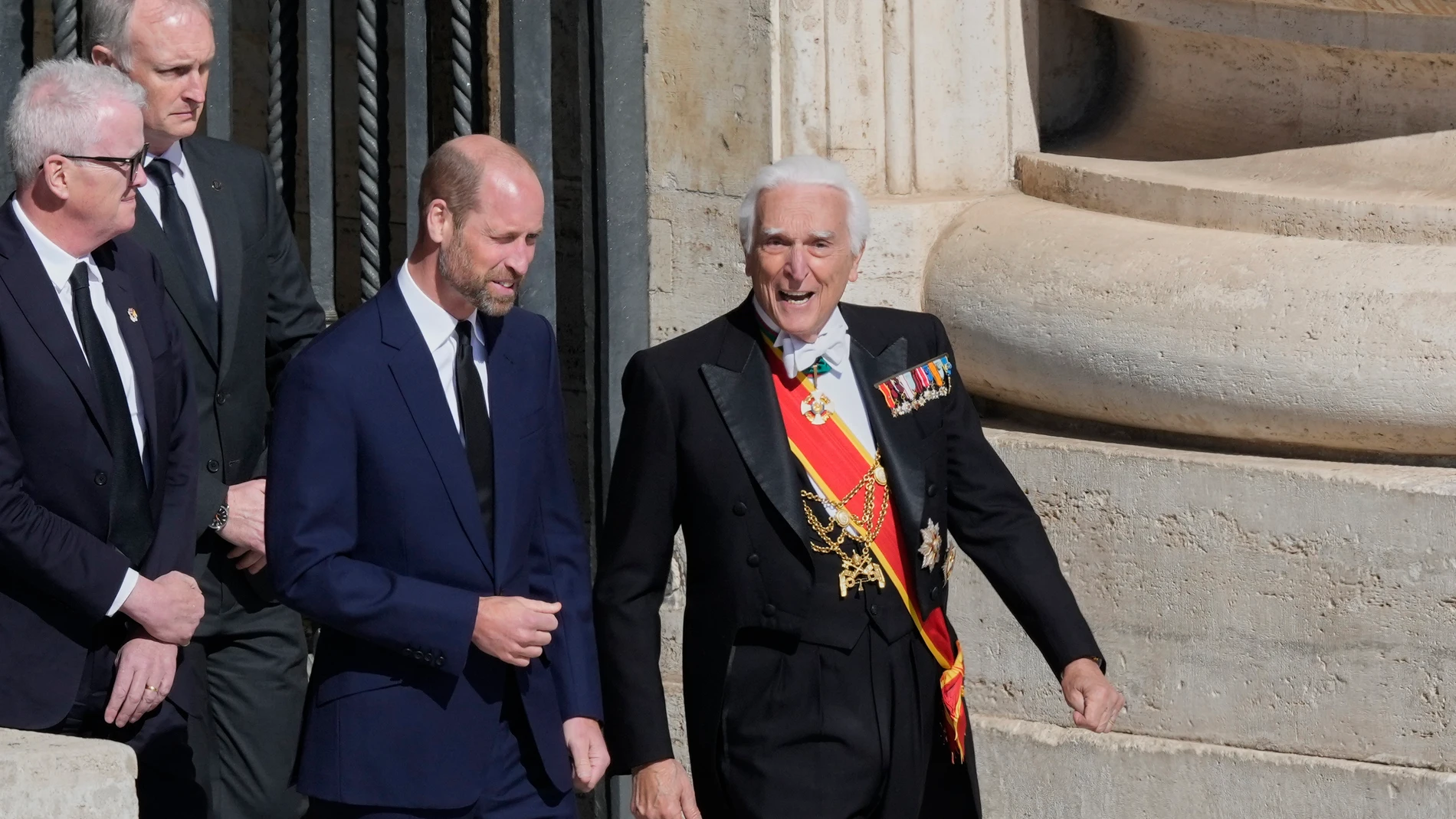 Britain's Prince William, center, arrives for the funeral of Pope Francis in St. Peter's Square at the Vatican, Saturday, April 26, 2025. (AP Photo/Gregorio Borgia)