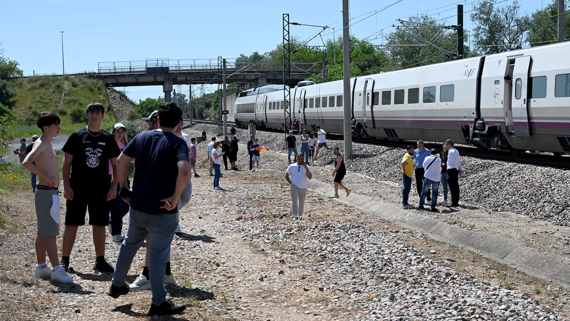 Passengers stand next to a stopped RENFE high-speed AVE train near Cordoba on April 28, 2025, during a massive power cut affecting the entire Iberian peninsula and the south of France. A "massive" power cut late on April 28, 2025 morning affected the whole of the Iberian peninsula and part of France, according to Portuguese electricity network operator REN.