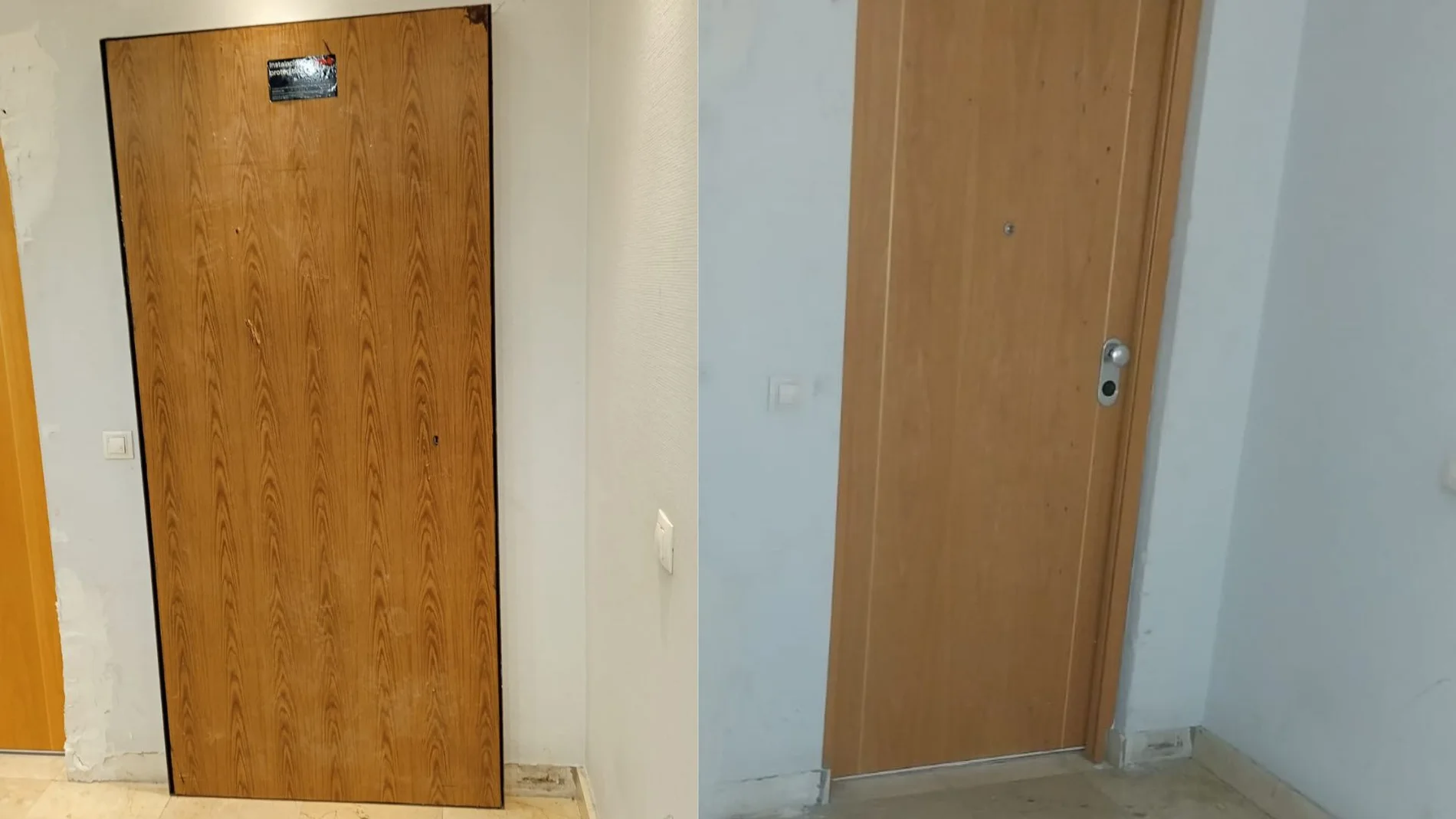 Puerta de la vivienda con seguridad antes de la entrada (izquierda) y la nueva puerta instalada por los okupas que entraron el lunes (derecha)