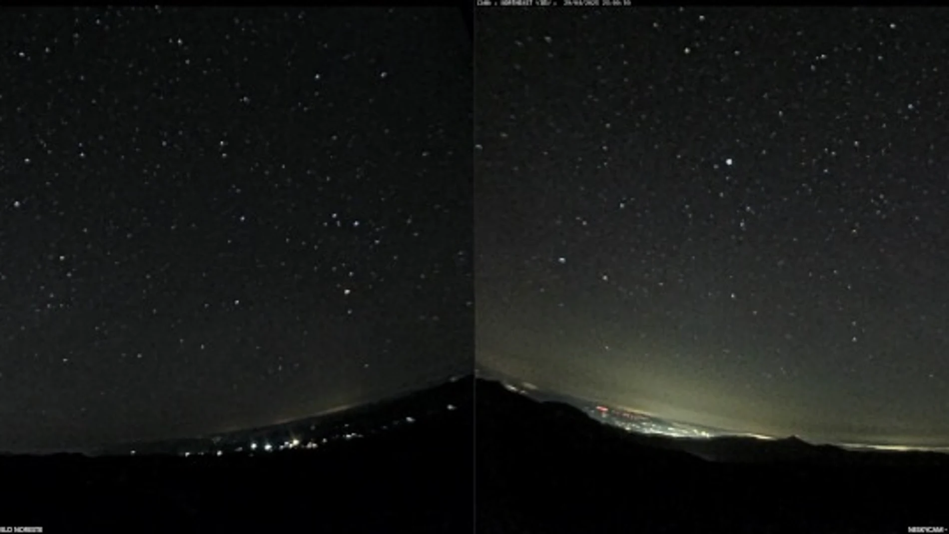 Comparativa de imágenes captadas en dirección noreste por el Observatorio de Calar Alto a las 23,00 horas UT. A la izquierda, la noche del 28 de abril durante el apagón; a la derecha, la noche del 29 de abril, ya con suministro eléctrico. REMITIDA / HANDOUT por CAHA Fotografía remitida a medios de comunicación exclusivamente para ilustrar la noticia a la que hace referencia la imagen, y citando la procedencia de la imagen en la firma 01/05/2025