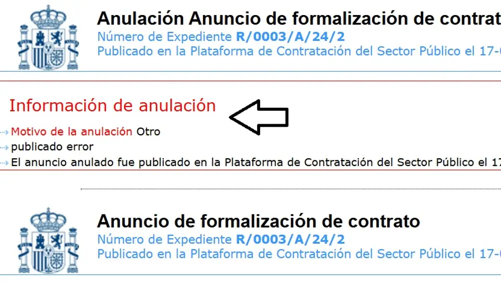 Plataforma de Contratación Pública donde figura anulado el contrato.