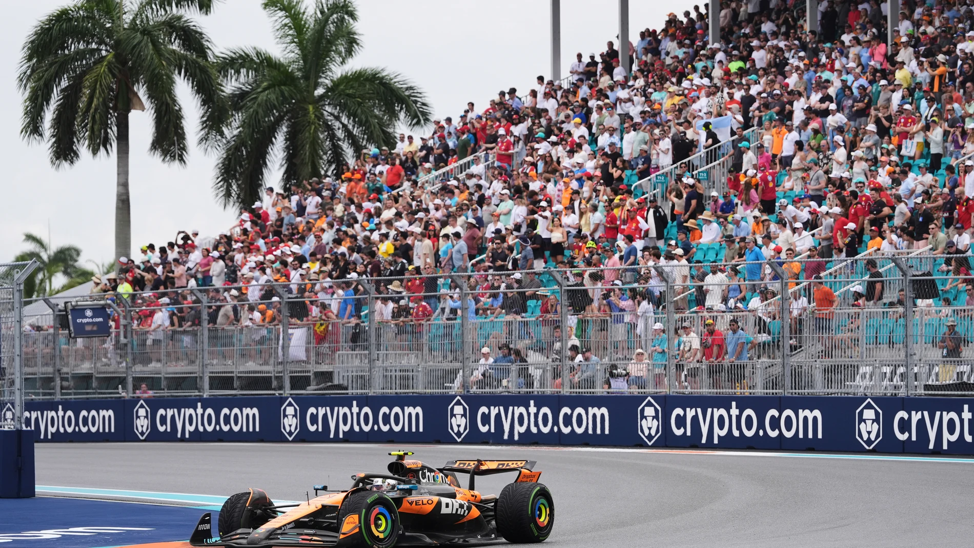 McLaren driver Lando Norris of Britain steers his car during the Sprint race at the Formula One Miami Grand Prix auto race, Saturday, May 3, 2025, in Miami Gardens, Fla. (AP Photo/Rebecca Blackwell)