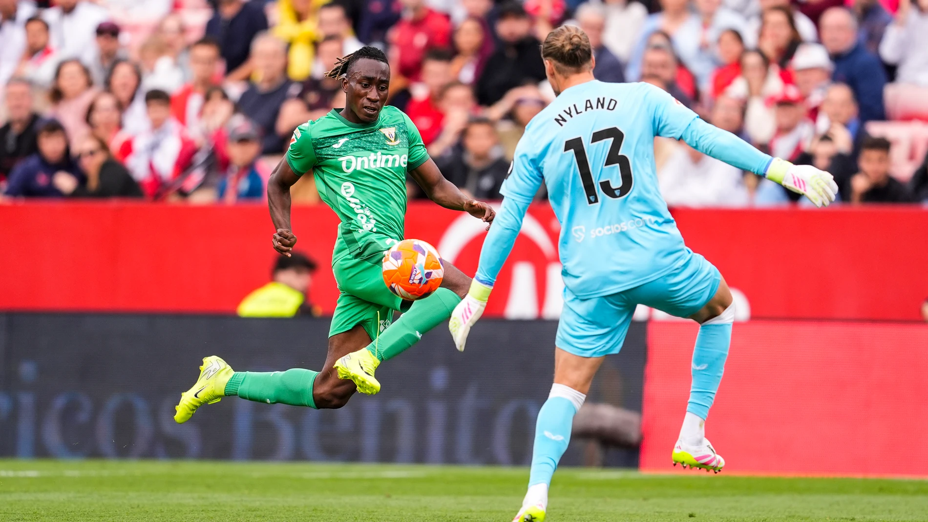 Yan Diomande of CD Leganes in action during the Spanish league, LaLiga EA Sports, football match played between Sevilla FC and CD Leganes at Ramon Sanchez-Pizjuan stadium on May 4, 2025, in Sevilla, Spain.AFP7 04/05/2025 ONLY FOR USE IN SPAIN