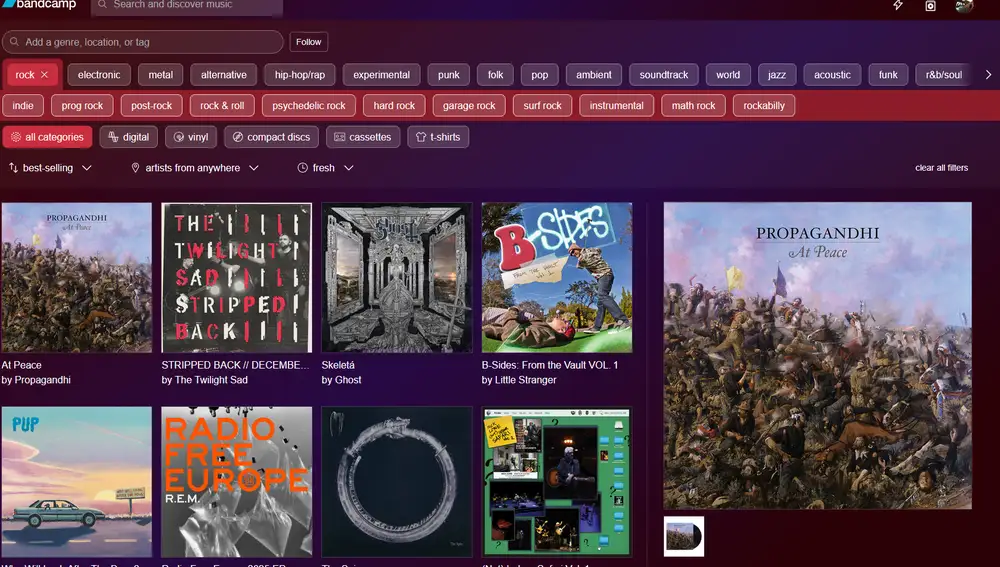 Página de exploración de etiquetas de Bandcamp