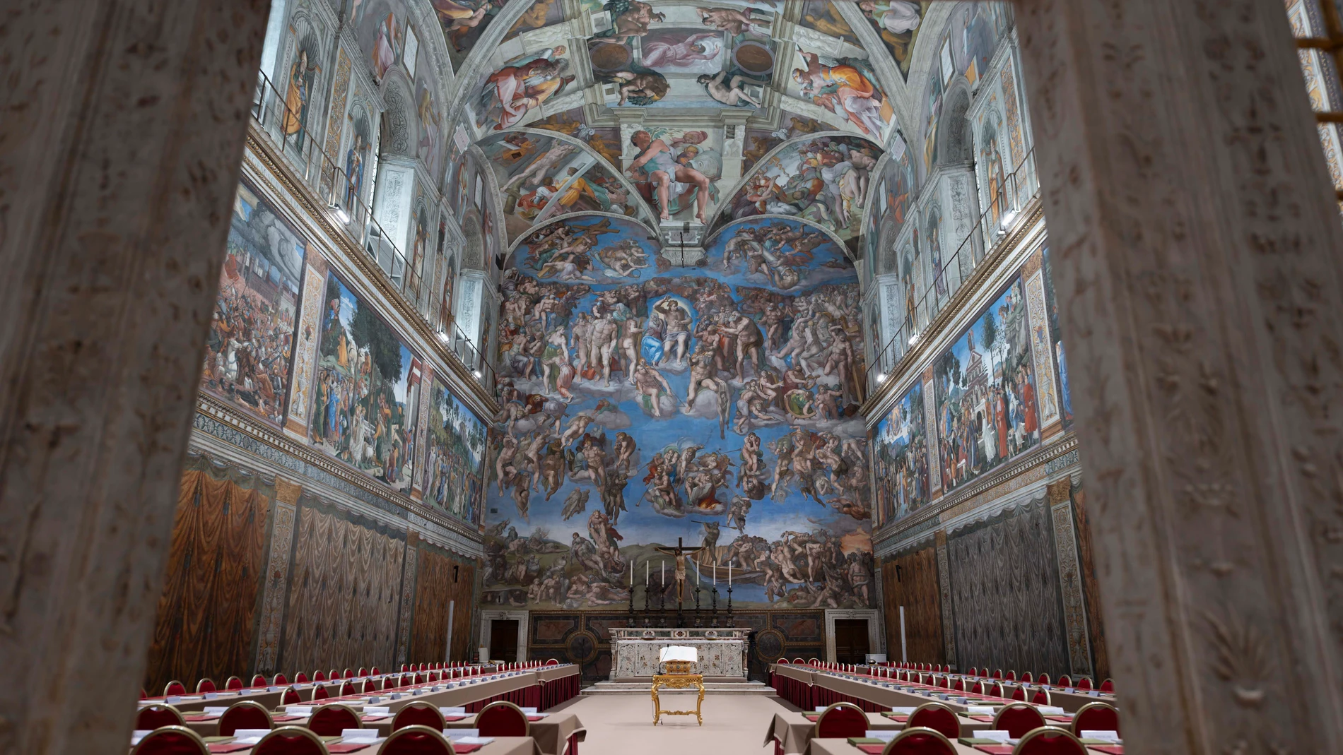 A view of the Sistine Chapel where cardinals gather to elect the new pope, at the Vatican, Tuesday, May 6, 2025. (Vatican Media via AP)