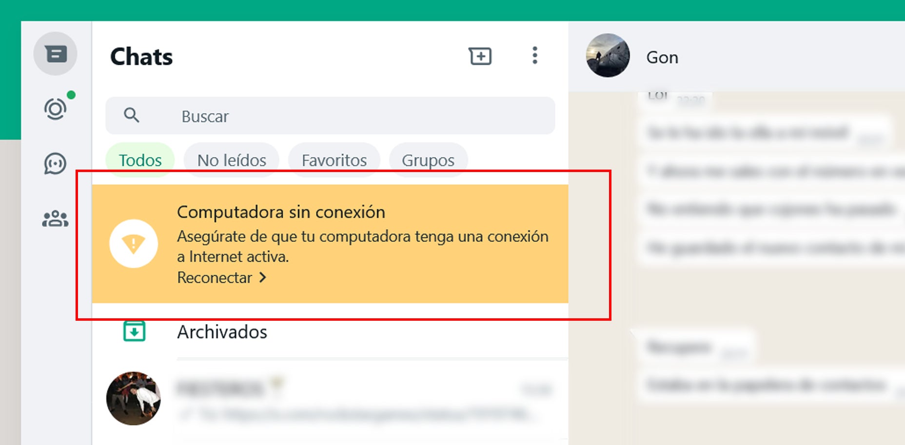Mensaje de "Computadora sin conexión"