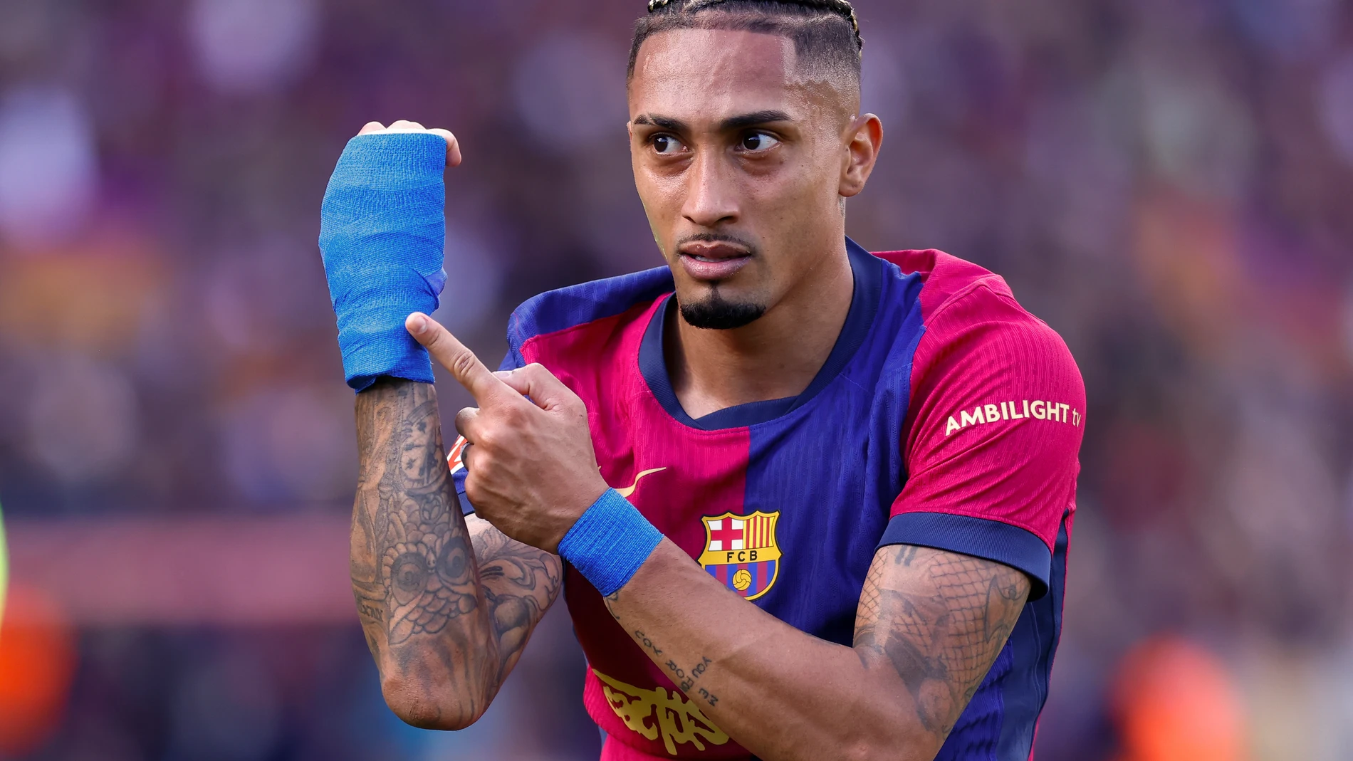 Raphinha Dias Belloli of FC Barcelona celebrates a goal during the Spanish League, LaLiga EA Sports, football match played between FC Barcelona and Real Madrid at Estadi Olimpic Lluis Companys on May 11, 2025, in Madrid, Spain. AFP7 11/05/2025 ONLY FOR USE IN SPAIN