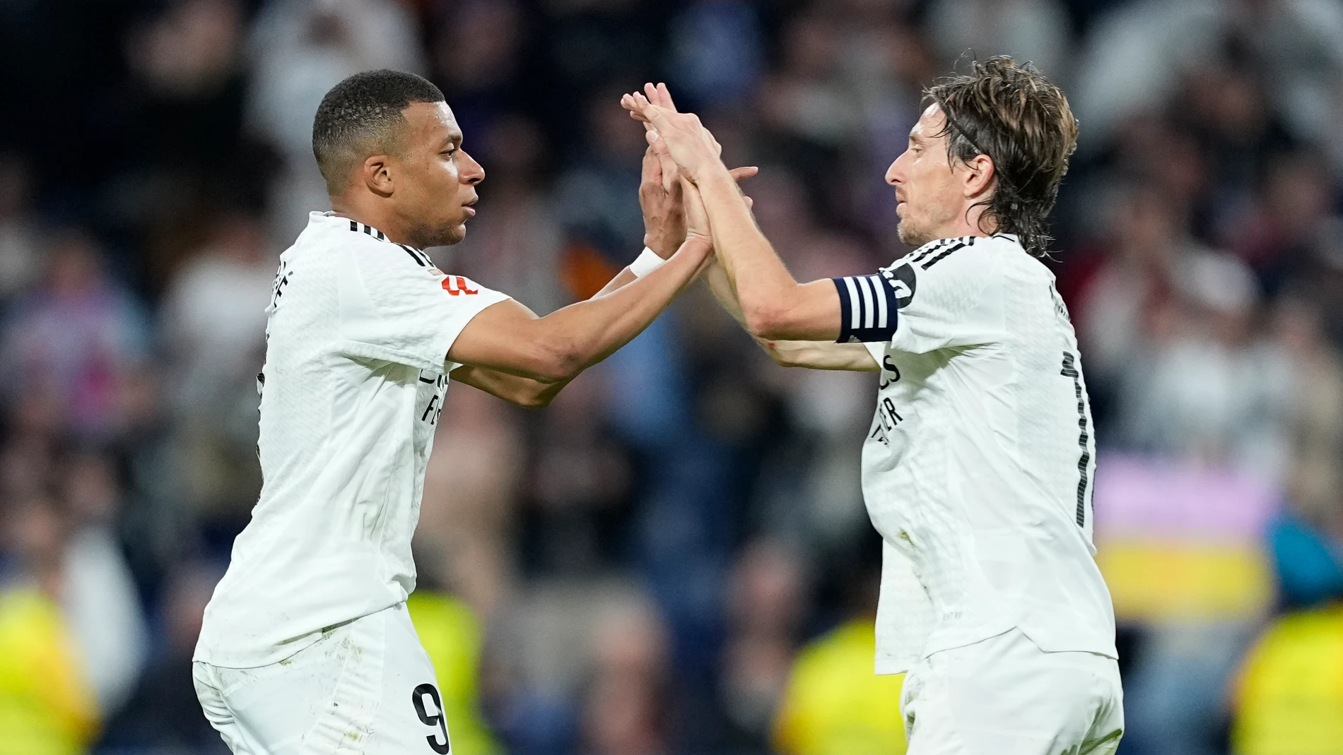 Kylian Mbappe of Real Madrid celebrates a goal during the Spanish League, LaLiga EA Sports, football match played between Real Madrid and RCD Mallorca at Santiago Bernabeu stadium on May 14, 2025, in Madrid, Spain. AFP7 14/05/2025 ONLY FOR USE IN SPAIN
