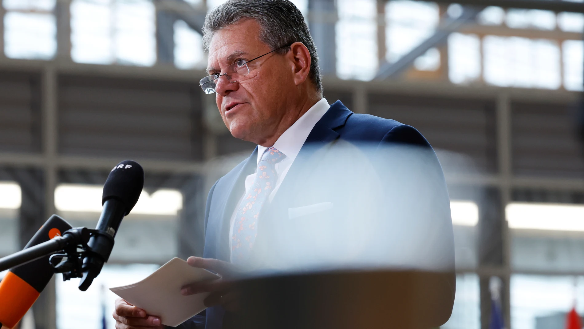 European Commissioner for Trade and Economic Security Maros Sefcovic speaks with the media as he arrives for a meeting of EU trade ministers at the European Council building in Brussels, Thursday, May 15, 2025. (AP Photo/Omar Havana)