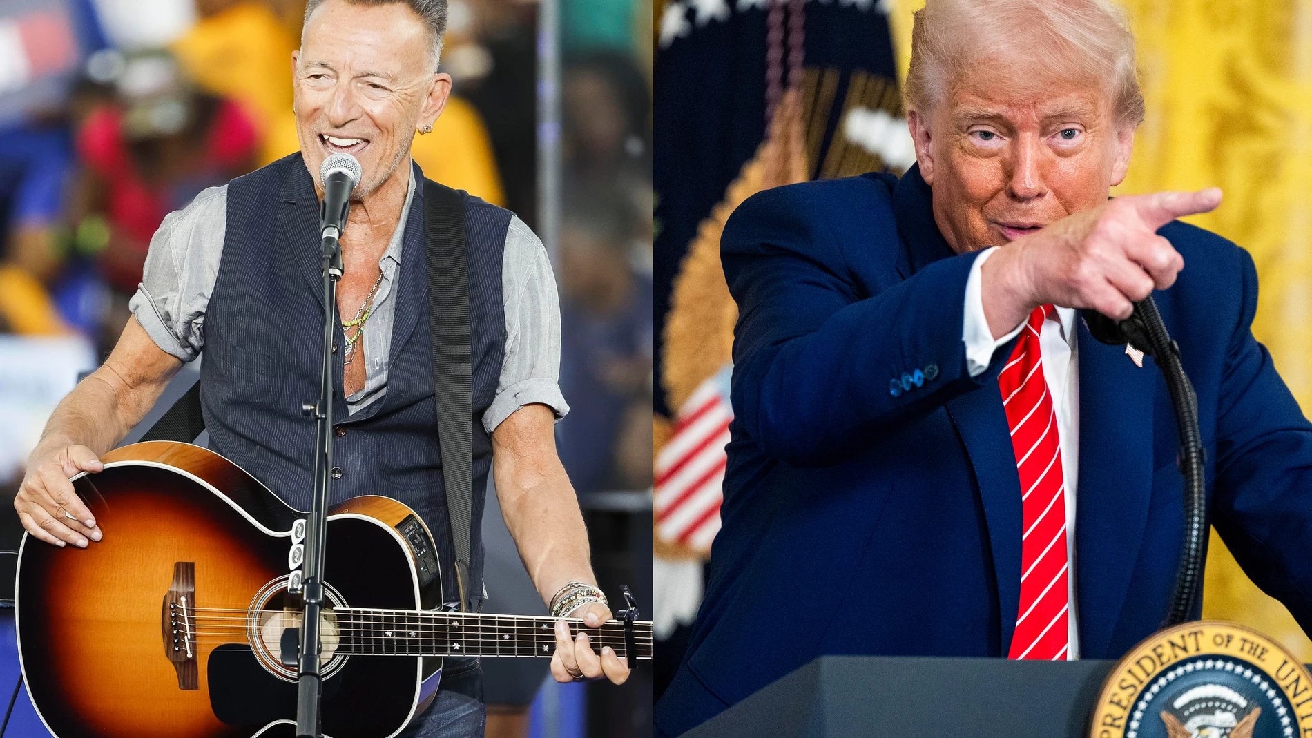 AME8584. WASHINGTON (ESTADOS UNIDOS), 16/05/2025.- Combo de fotografías de archivo donde aparecen el músico Bruce Springsteen y el presidente de Estados Unidos, Donalds Trump. Trump llamó "imbécil prepotente" al músico Bruce Springsteen en un mensaje con tono amenazante en redes sociales, después de que "El jefe" tachara al Gobierno del neoyorquino de "corrupto, incompetente y traidor" durante un concierto ofrecido esta semana en el Reino Unido. EFE/ Archivo EFE