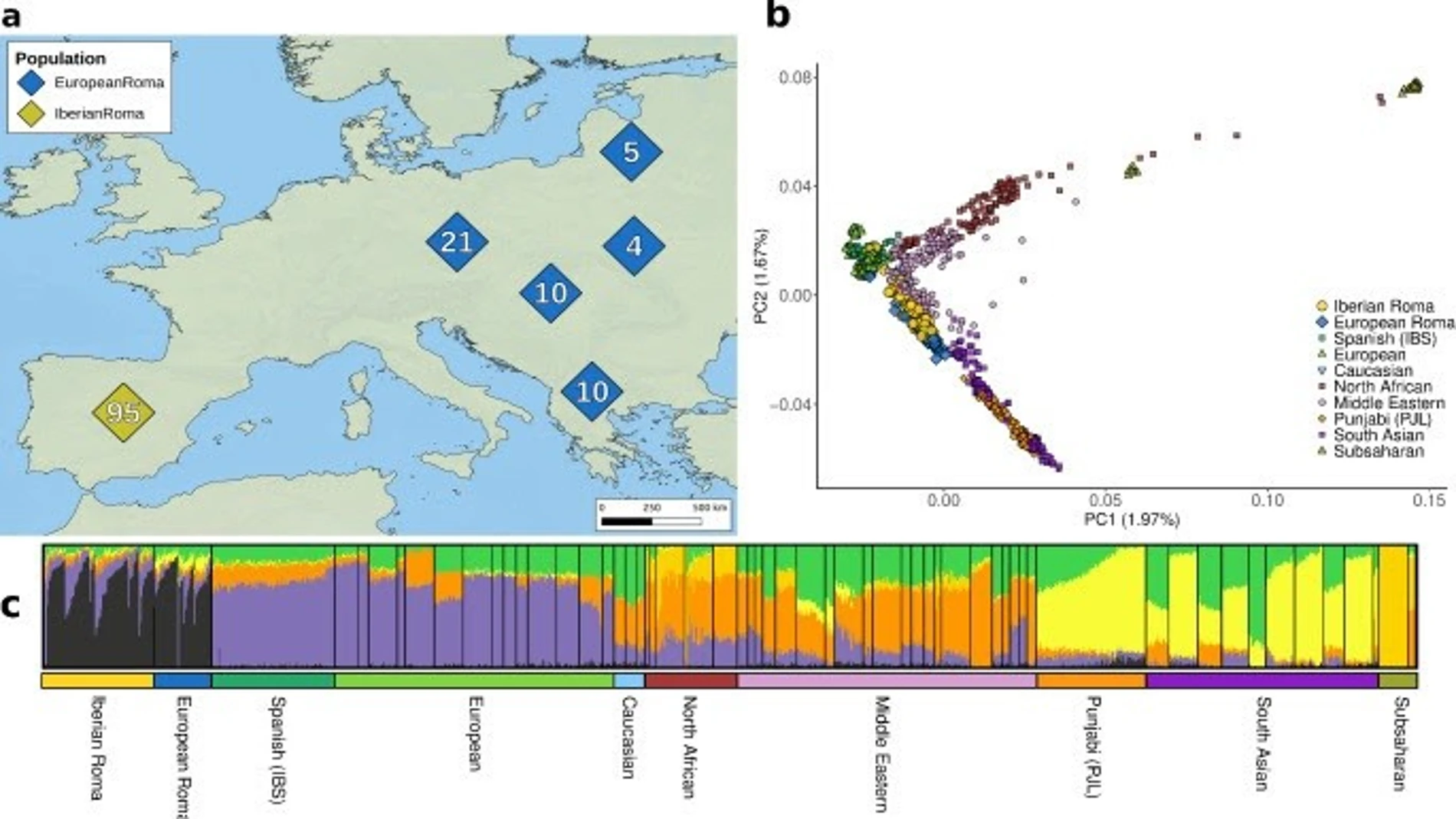 Imgen del artículo publicado en 'Human Genetics' donde se aprecia la estructura genética de la población de los grupos gitanos europeos REMITIDA / HANDOUT por UPF Fotografía remitida a medios de comunicación exclusivamente para ilustrar la noticia a la que hace referencia la imagen, y citando la procedencia de la imagen en la firma 20/05/2025
