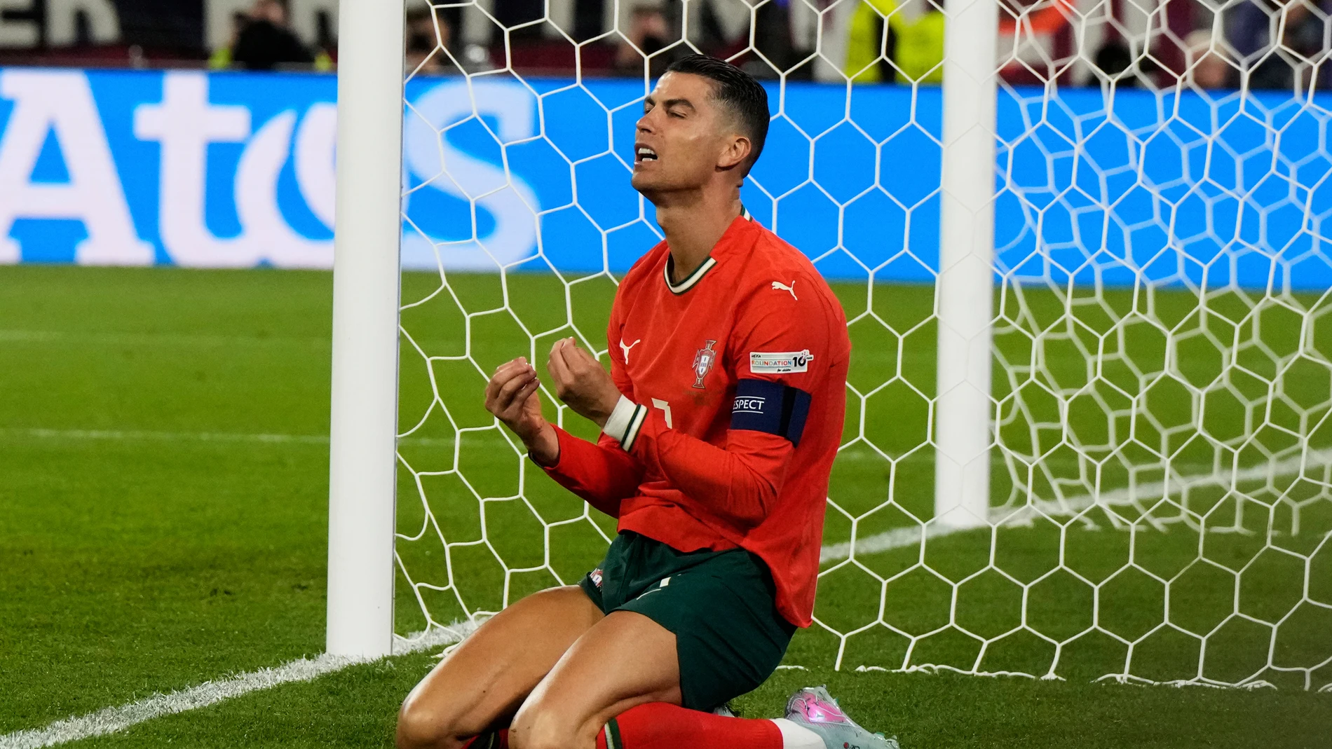 Portugal's Cristiano Ronaldo reacts after failing to score during the Nations League semifinal soccer match between Portugal and Germany at the Munich Football Arena, in Munich, Germany, Wednesday, June 4, 2025. (AP Photo/Martin Meissner)