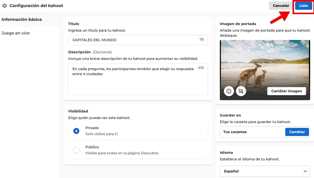 Ultima los detalles en la "Configuración" de Kahoot