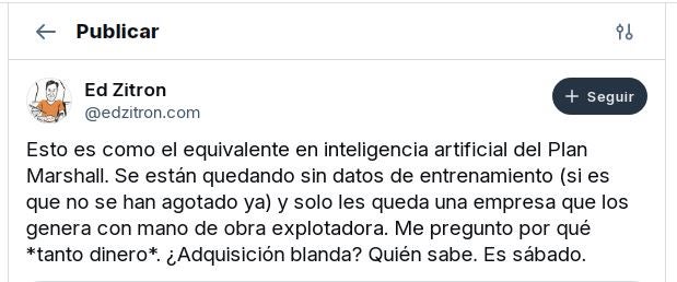La publicación de Ed Zitron en la red social alternativa a X