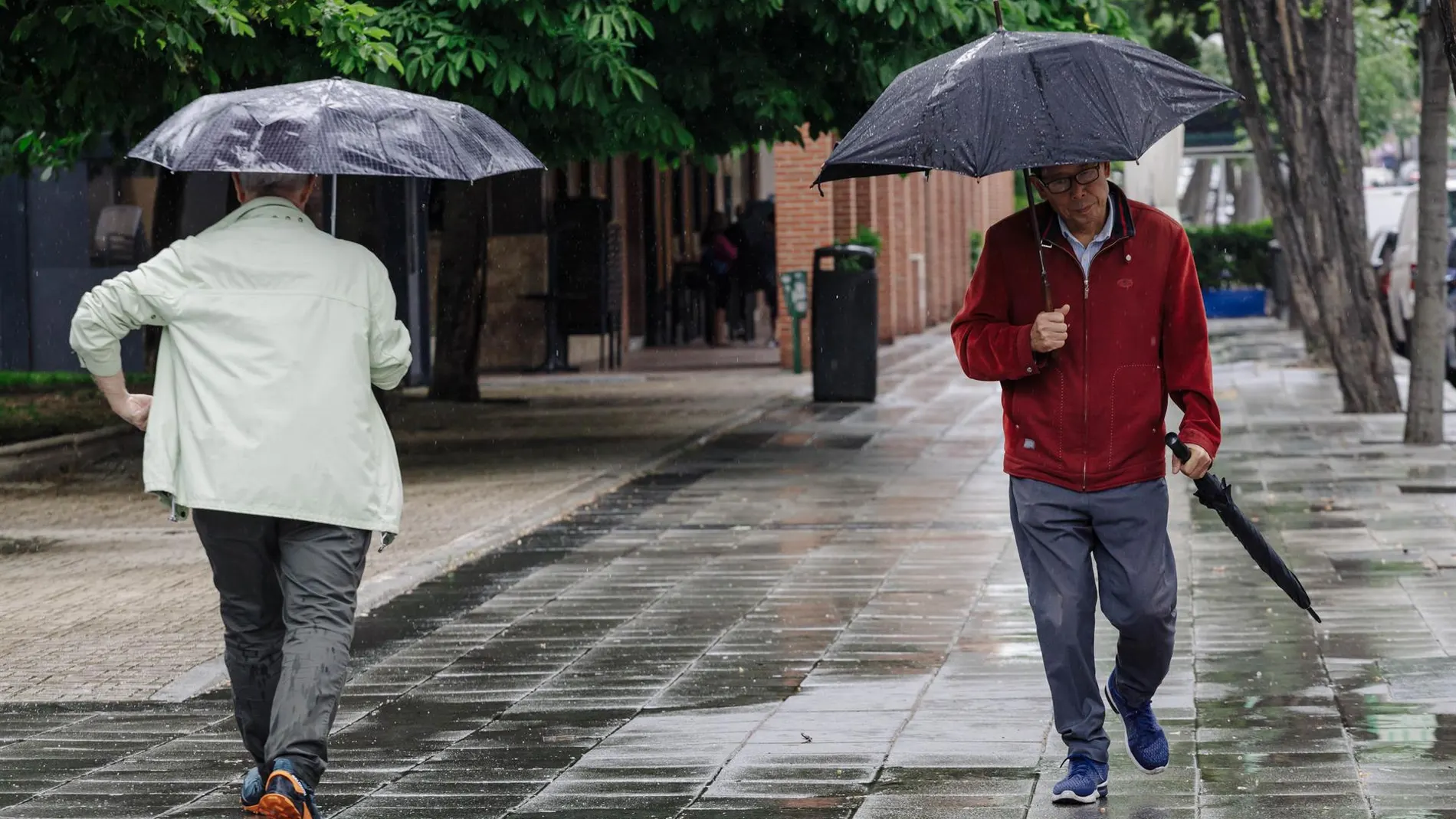 Imagen de dos hombres caminando bajo la lluvia