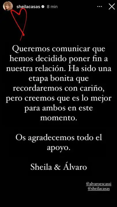 Anuncio del fin de la relación de Sheila Casas y Escassi