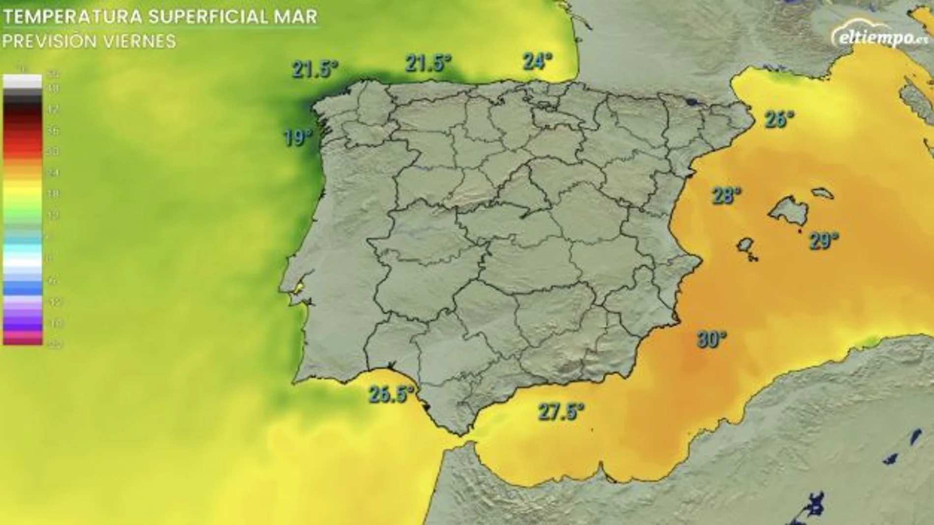 Temperatura superficial del mar prevista para el viernes en nuestras costas