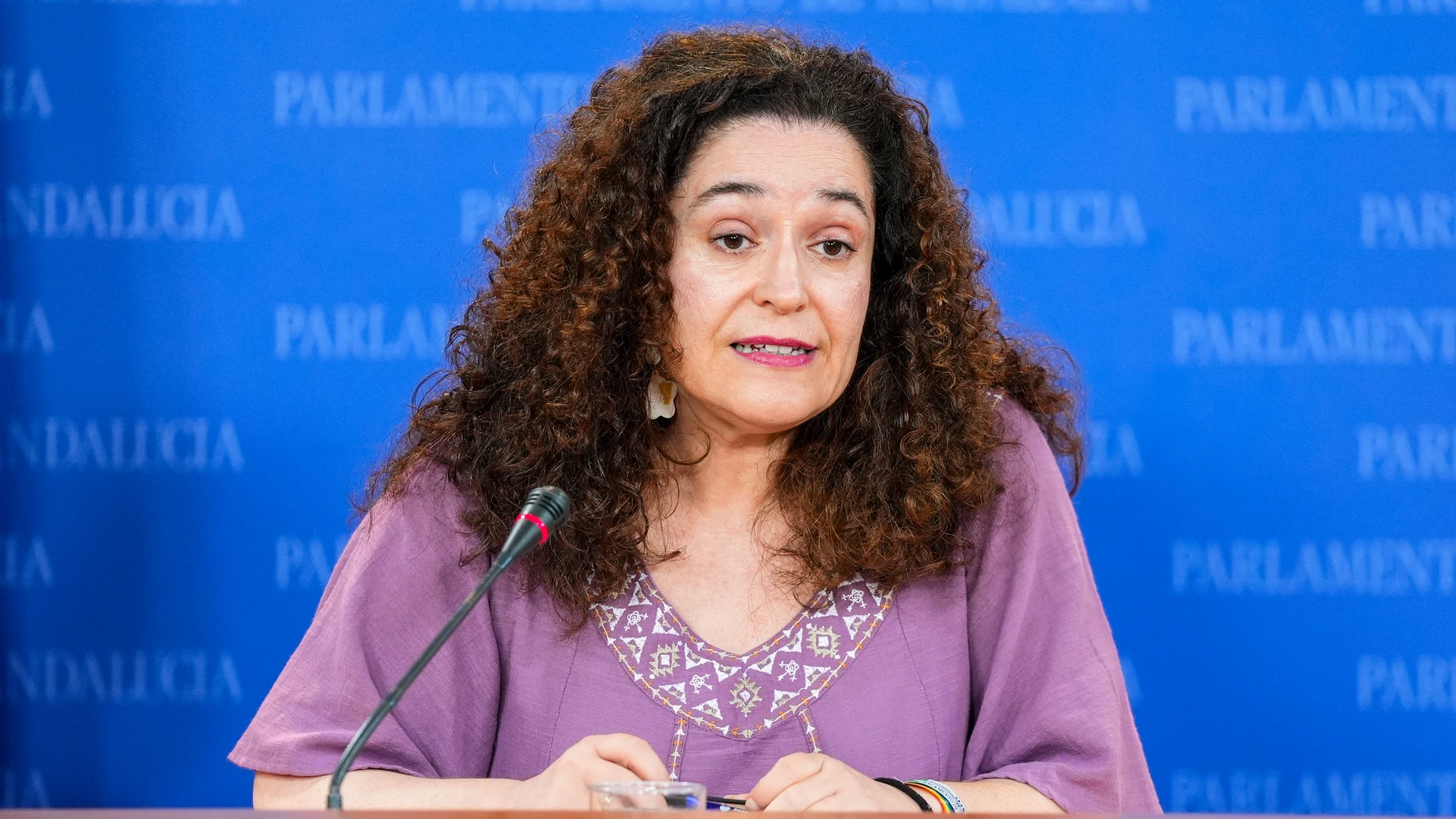 La portavoz del Grupo Por Andalucía, Inmaculada Nieto, durante la ronda de ruedas de prensa de portavoces de los grupos parlamentarios en el Parlamento de Andalucía, a 9 de julio de 2025 en Sevilla (Andalucía, España). Los portavoces de los grupos parlamentarios, se dan cita en la sala de prensa para atender a los medios de comunicación de forma periódica. 09 JULIO 2025 Joaquin Corchero / Europa Press 09/07/2025