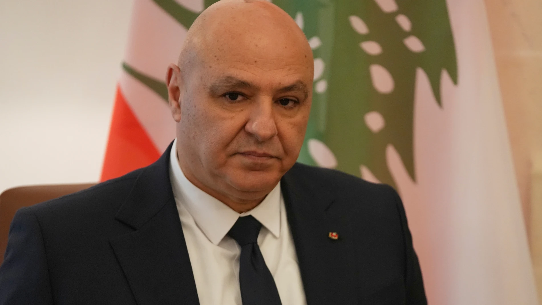 Lebanese President Joseph Aoun looks on during a meeting with Cyprus' President Nikos Christodoulides at the Presidential Palace in the capital Nicosia, Cyprus, Wednesday, July 9, 2025. (AP Photo/Petros Karadjias, Pool)