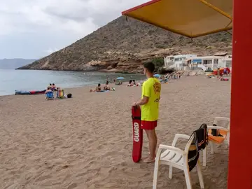 MURCIA.-La bandera roja, que prohíbe el baño, ondea en una playa de Portmán MURCIA.-La bandera roja, que prohíbe el baño, ondea en una playa de Portmán
