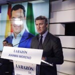 El líder del PP, Alberto Núñez Feijóo, este lunes en la sede de LA RAZÓN.
