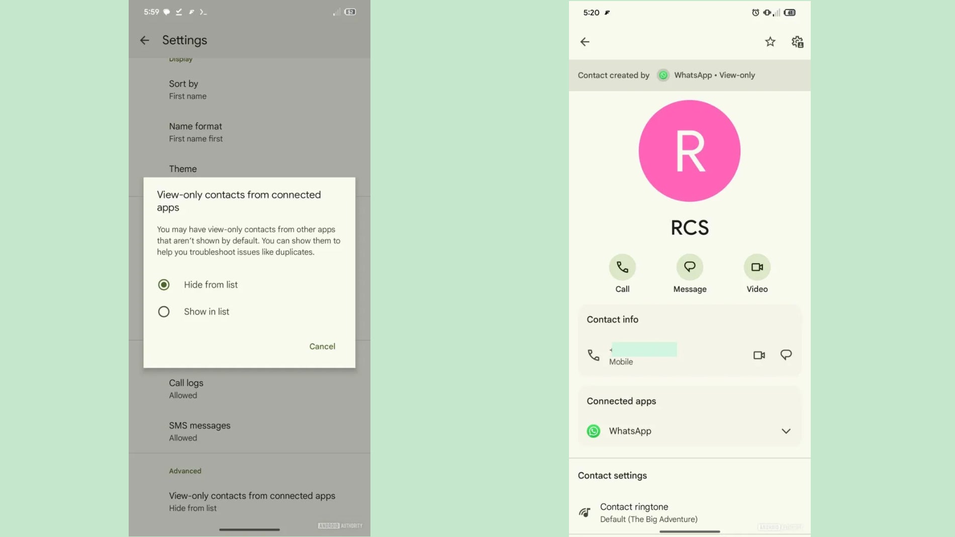 Contactos de Google te permite ocultar los contactos importados desde otras apps