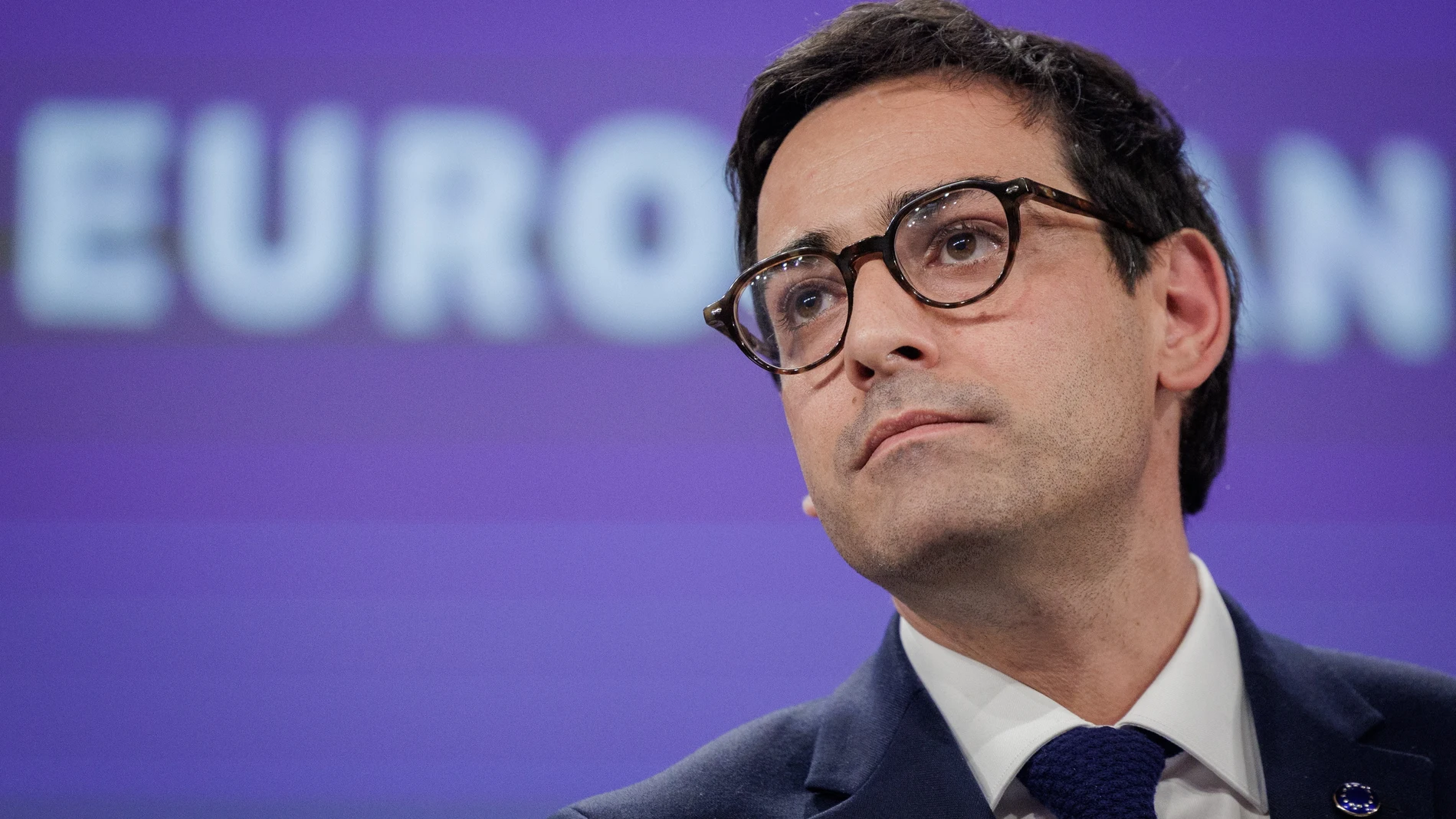 Brussels (Belgium), 16/07/2025.- Executive Vice-President for Prosperity and Industrial Strategy of the European Commission Stephane Sejourne speaks during a press conference to present the proposal for the Multiannual Financial Framework (MFF) at the EU Commission in Brussels, Belgium, 16 July 2025. The European Commission presented its proposal for the MFF, amounting to almost two trillion euros, or 1.26 percent of the EU's gross national income on average between 2028 and 2034. (Bélgica, B...