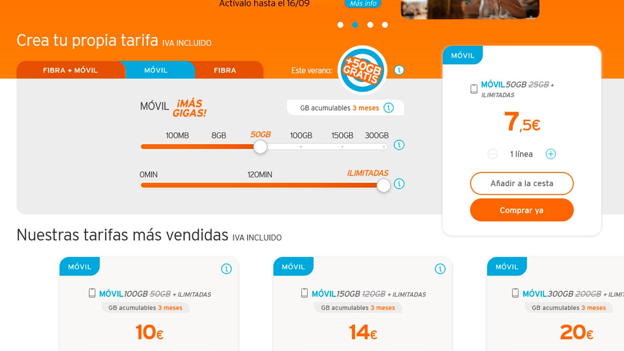 Configurador de tarifas móviles de Simyo