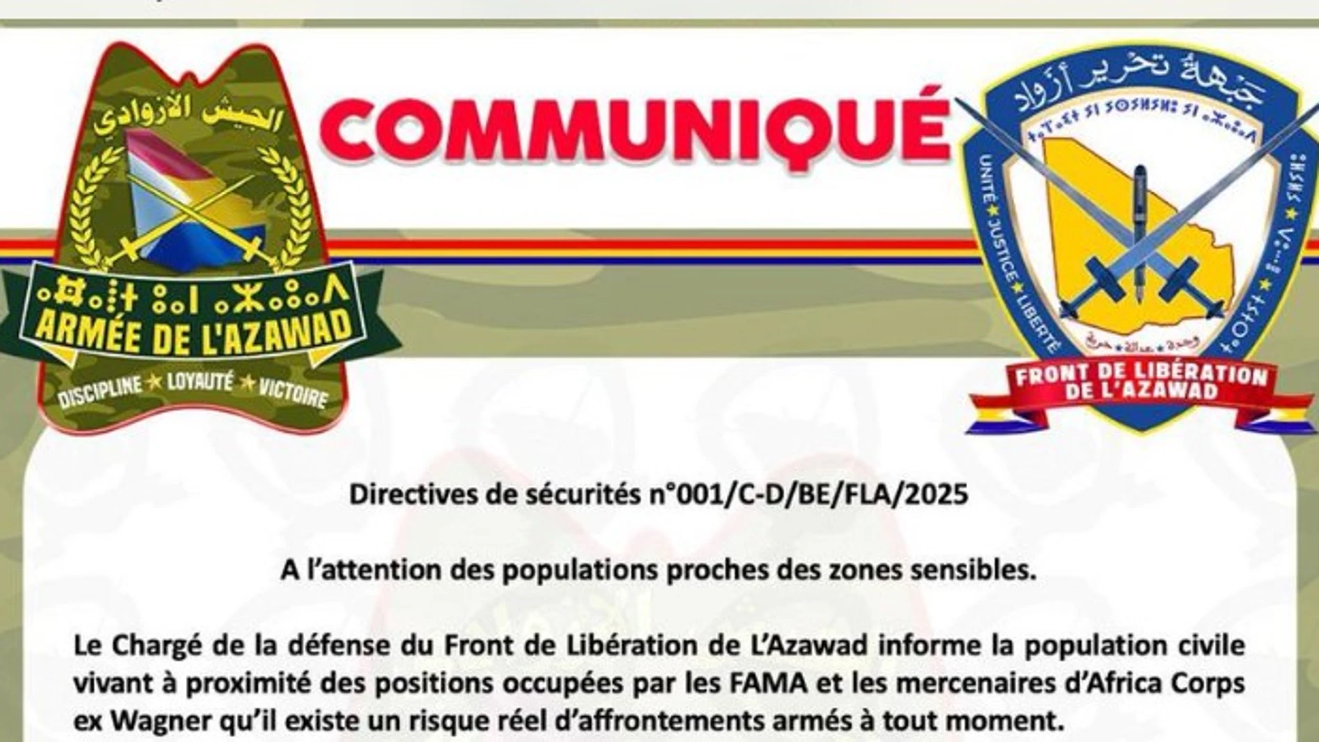 Comunicado del Frente Azawad (tuareg)